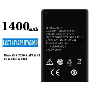 Batería telefono celular Li3714T42P3H765039 para ZTE Blade A3/T220/AF3/A5/F5/T230/T221